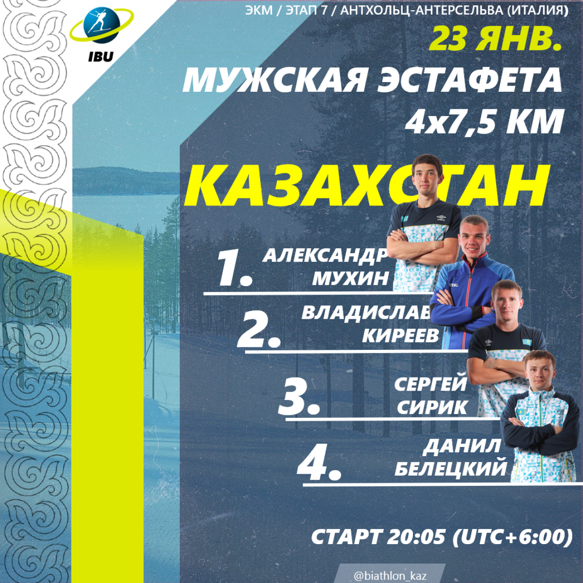 Старт лист участников мужской эстафеты 4х7,5 км в итальянском Антхольц-Антерсельва.